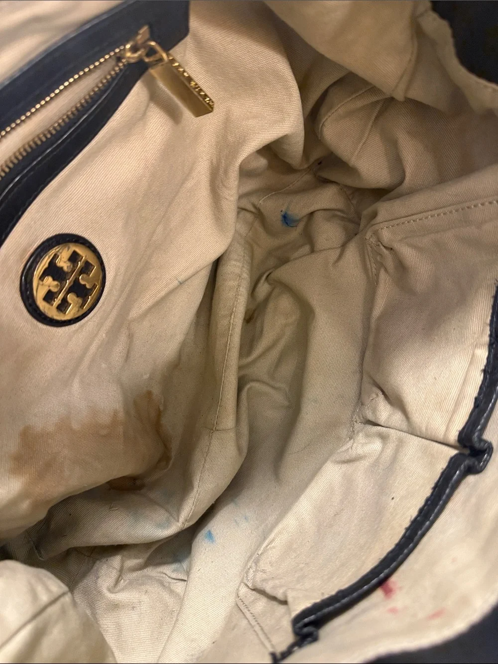 Tory Burch Black Leather Shoulder Tote with Gold Logo Medallion
